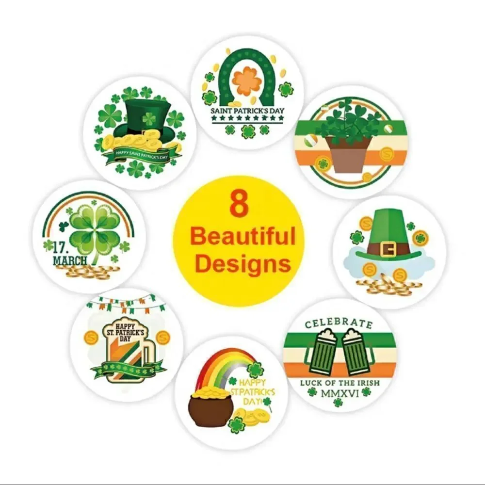 500 St. Patrick's Day Sticker Roll, 1 Inch 8 Styles Irish Green Shamrock